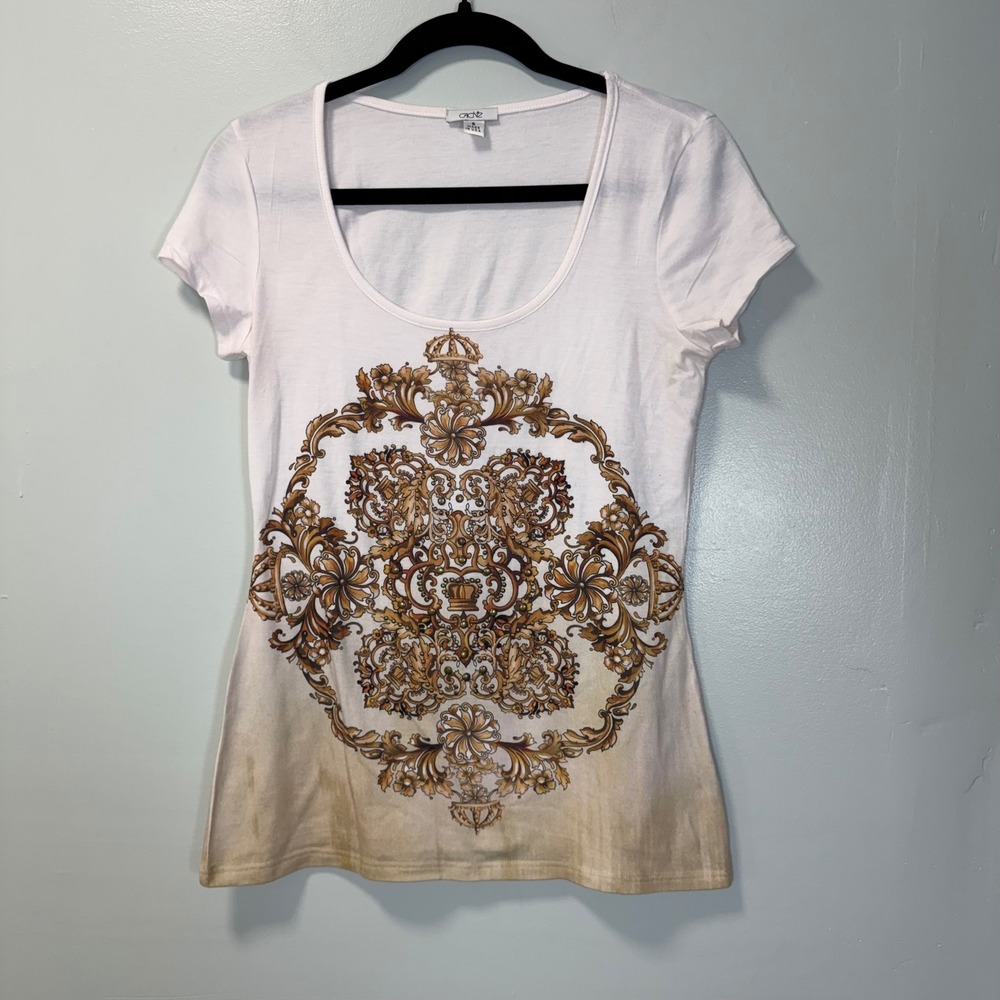 Cache‎ White Gold Crown Graphic Scoop Neck T-Shirt Y2K Small